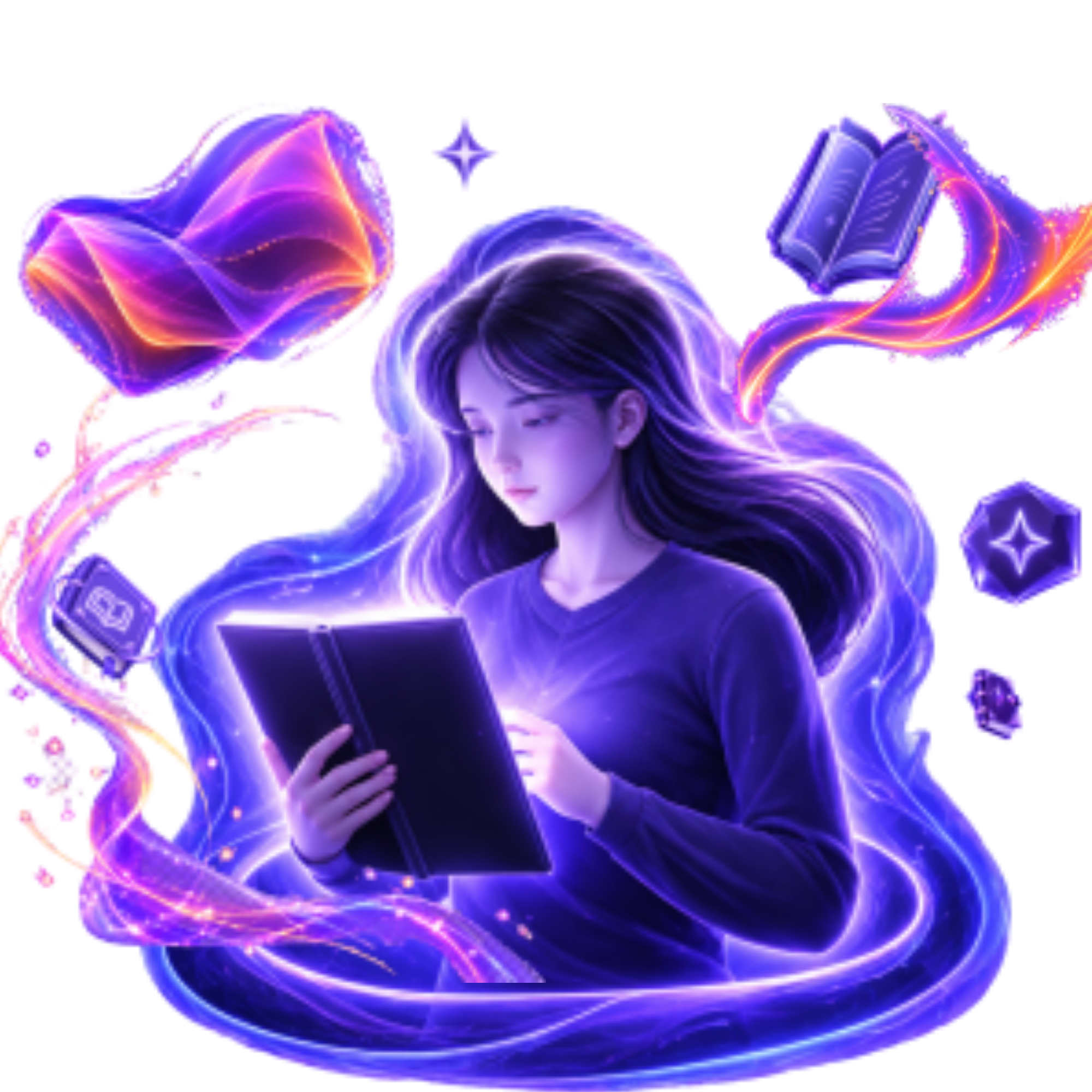 Ilustração luminosa de uma leitora em um universo mágico